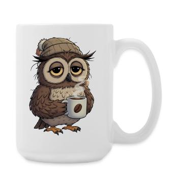 Verschlafene Eule Mit Kaffeetasse Cartoon - Große Tasse 440 ml - Weiß - Rechts
