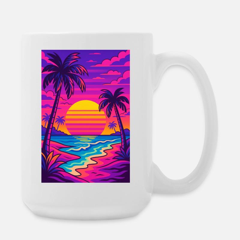 Retro-80er-Neon-Strand-Synthwave-Art - Große Tasse 440 ml - Weiß