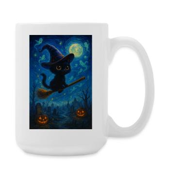 Schwarze Katze mit Hexenbesen - Große Tasse 440 ml - Weiß - Rechts