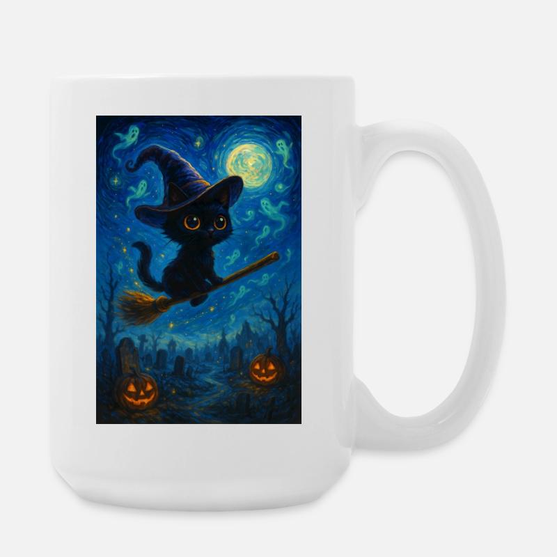 Chat noir avec un balai de sorcière - Grande tasse 440 ml - blanc