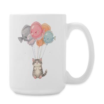 Süße Katze mit Fischballons – Cartoon Design - Große Tasse 440 ml - Weiß - Rechts