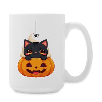 Halloween Katze mit Halloween Kürbis - Große Tasse 440 ml - Weiß - Rechts