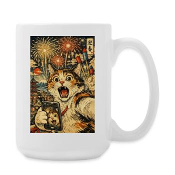 Silvester Feuerwerk Katze Selfie japanisch lustig - Große Tasse 440 ml - Weiß - Rechts