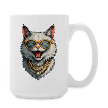 Chatte heureuse - Lunettes de soleil et chaînes en or - Grande tasse 440 ml - blanc - Droite