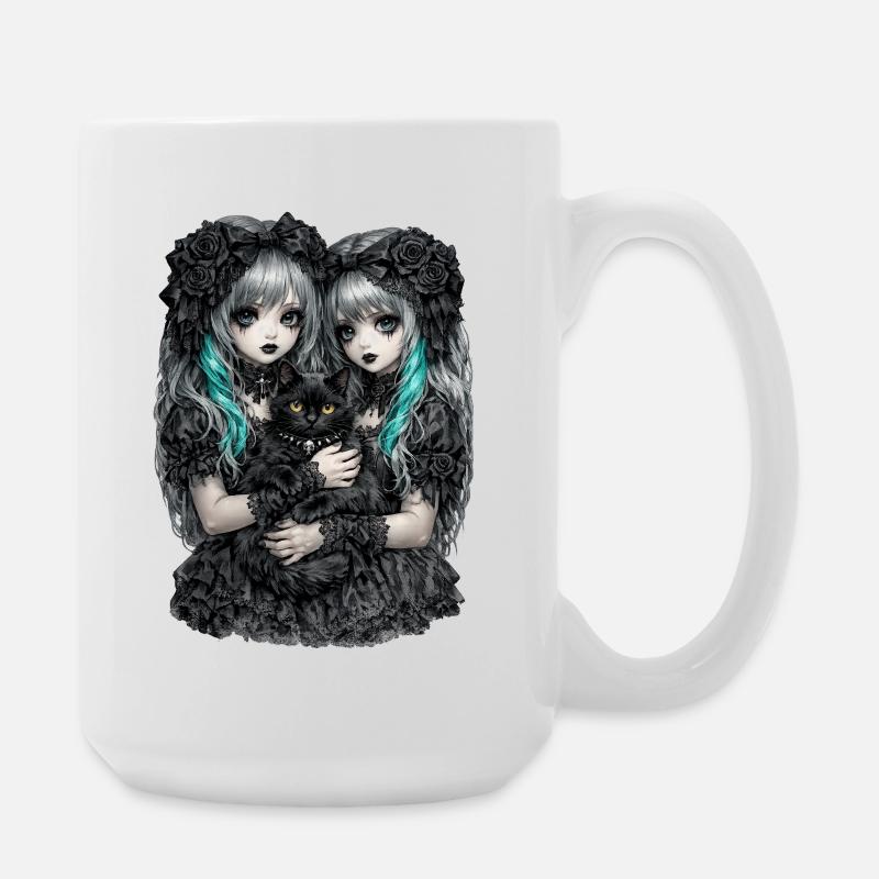 Gothic twins and black cat - Large Mug 440 ml - white