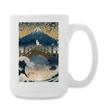 Katze auf der Brücke unter dem Fuji-Berg in der Nacht - Große Tasse 440 ml - Weiß - Rechts