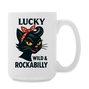 Lucky, Wild & Rockabilly: Black Retro Cat - Large Mug 440 ml - white - Right