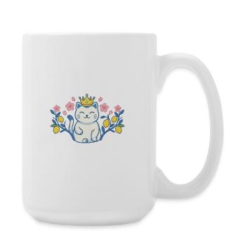 Katze mit Krone zwischen Blumen - Große Tasse 440 ml - Weiß - Rechts