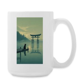 Schwarze Katze am Torii – Asian Zen Design - Große Tasse 440 ml - Weiß - Rechts