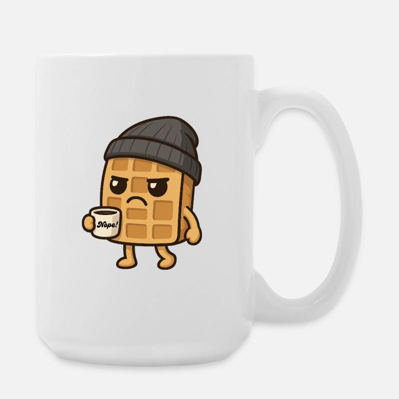 Grumpy Kawaii Waffel - Coffee Beanie Cartoon - Große Tasse 440 ml - Weiß