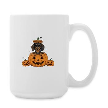 Dackel im Kürbis | Süßer Hunde Halloween Spaß - Große Tasse 440 ml - Weiß - Rechts