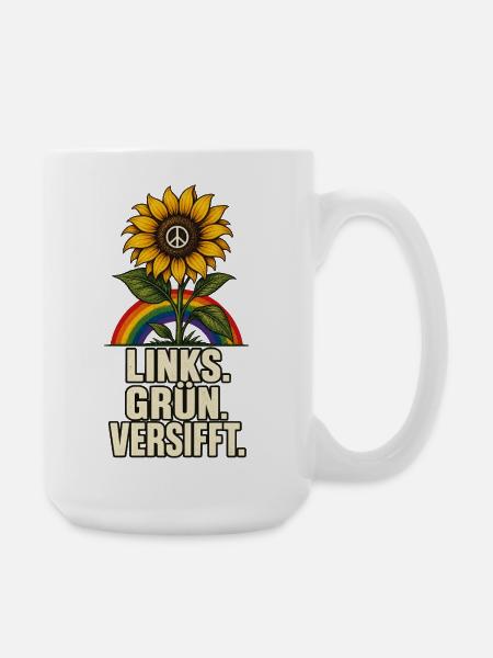 Links Grün Versifft – Sonnenblume und Peace - Große Tasse 440 ml - Weiß