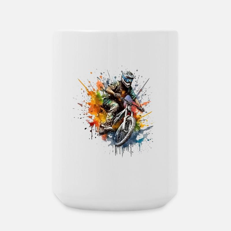 Actionreicher Mountainbiker mit Farbspray-Design - Große Tasse 440 ml - Weiß