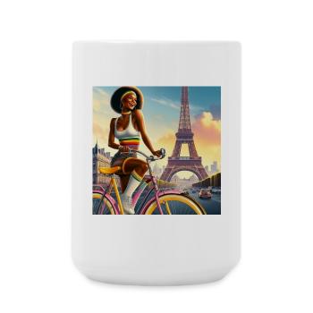 Schönes Mädchen auf dem Fahrrad, Eiffelturm - Große Tasse 440 ml - Weiß - Vorne