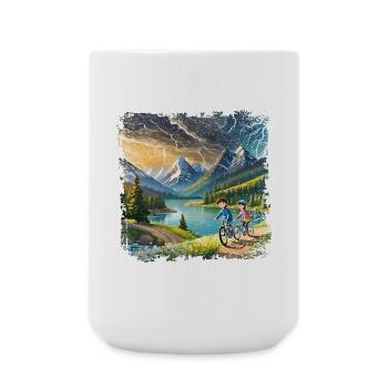Children on bicycles in mountain landscape - Large Mug 440 ml - white - Front
