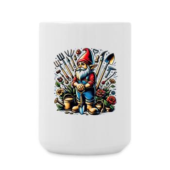 Bunter,lebendiger Gartenzwerg umgeben von Werkzeug - Große Tasse 440 ml - Weiß - Vorne