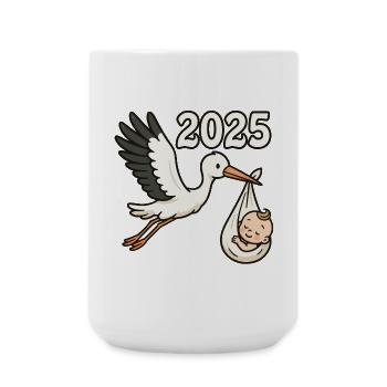 Storch mit Findelkind im Schnabel 2025 - Große Tasse 440 ml - Weiß - Vorne