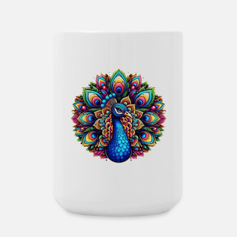 Pfau mit Mandalas verziert - Große Tasse 440 ml - Weiß