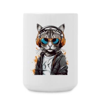 Cat DJ with headphones - Large Mug 440 ml - white - Front