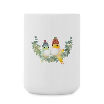 Deux oiseaux colorés avec un chapeau à pompon pour Noël - Grande tasse 440 ml - blanc - Devant