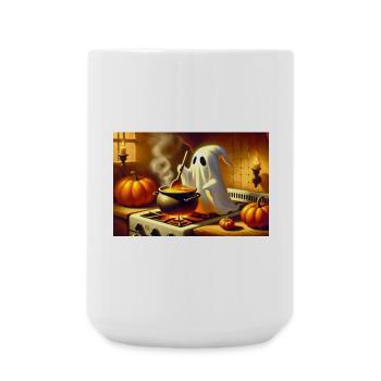 Ghost stands at the stove and cooks pumpkin soup - Large Mug 440 ml - white - Front