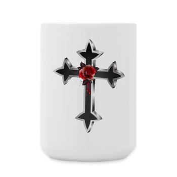 black silver gothic cross with red rose - Large Mug 440 ml - white - Front