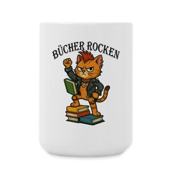 Punk-Katze: Bücher rocken! - Große Tasse 440 ml - Weiß - Vorne