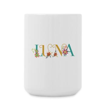 LUNA Namenskunst mit gestickten Blumen - Große Tasse 440 ml - Weiß - Vorne