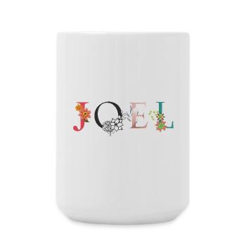 JOEL Namenskunst mit gestickten Blumen - Große Tasse 440 ml - Weiß - Vorne