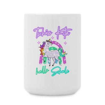 Tschüss Kita! hallo Schule Regenbogen Einhorn - Große Tasse 440 ml - Weiß - Vorne