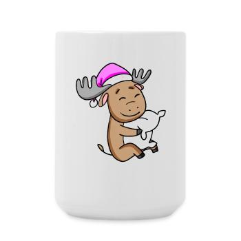 süßer Elch mit Kissen und Schlafmütze - Große Tasse 440 ml - Weiß - Vorne