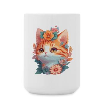 Rote Katze mit Blumen - Große Tasse 440 ml - Weiß - Vorne