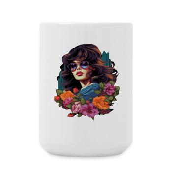 Elegant woman with flowers and sunglasses - Large Mug 440 ml - white - Front