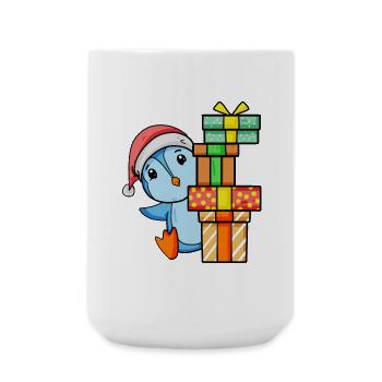 Pinguin mit Weihnachtsmütze und Weihnachtsgeschenk - Große Tasse 440 ml - Weiß - Vorne