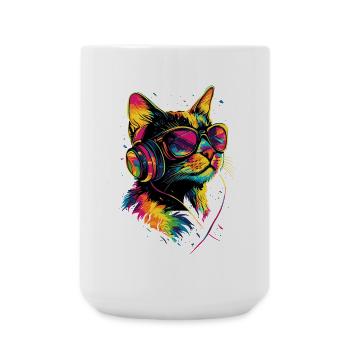 Katze Sonnenbrille Kopfhörer Musik Bunt DJ Katzen - Große Tasse 440 ml - Weiß - Vorne