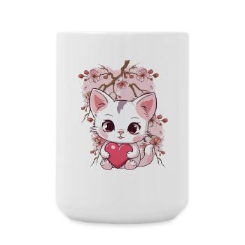 Kirschblüte Katze Katzen Herz Herzen Kinder - Große Tasse 440 ml - Weiß - Vorne