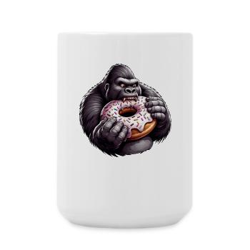 Funny gorilla with donut cartoon snacking - Large Mug 440 ml - white - Front