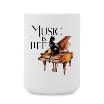 Music is Life - Schwarze Katze Pianist auf Klavier - Große Tasse 440 ml - Weiß - Vorne