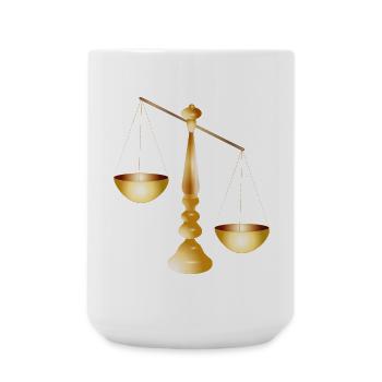 zwei Waagschalen an einem Balken mit Standfuß - Große Tasse 440 ml - Weiß - Vorne