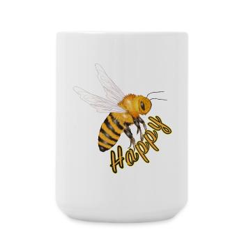 jaune Happy lettrage avec abeille dessinée à la main - Grande tasse 440 ml - blanc - Devant