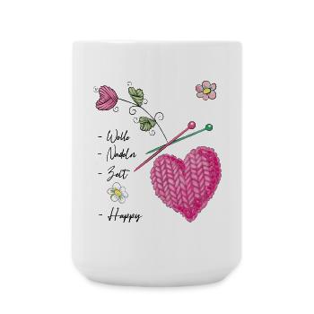 Coeur tricoté avec des fleurs et des aiguilles à tricoter - Grande tasse 440 ml - blanc - Devant