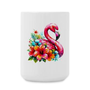 Flamingo decorated with hibiscus flowers - Large Mug 440 ml - white - Front