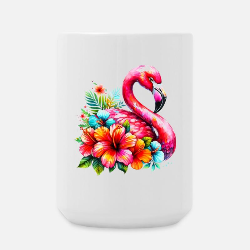 Flamant rose décoré de fleurs d’hibiscus - Grande tasse 440 ml - blanc