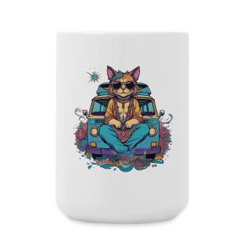 Hippie cat on holiday in a van, humor - Large Mug 440 ml - white - Front
