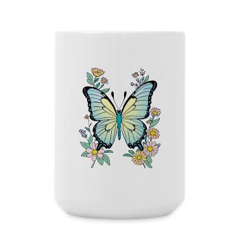 Butterfly Blue with Flowers, Butterfly - Large Mug 440 ml - white - Front