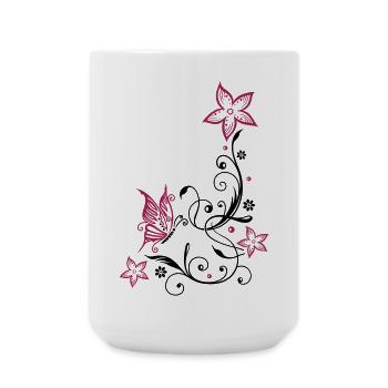 Fleurs avec ornement floral et papillon, été. - Grande tasse 440 ml - blanc - Devant