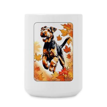 Airedale Terrier spielt im Herbstlaub - Große Tasse 440 ml - Weiß - Vorne