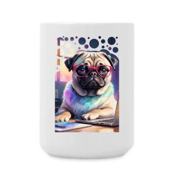 Office Dog Pug with Laptop and Pink Glasses Pop Art - Large Mug 440 ml - white - Front