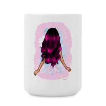 Girl woman beauty long pink hair with flower - Large Mug 440 ml - white - Front