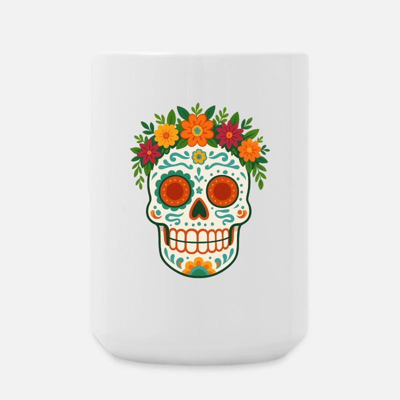 Totenkopf mit Blumenkranz Día-de-los-Muertos - Große Tasse 440 ml - Weiß